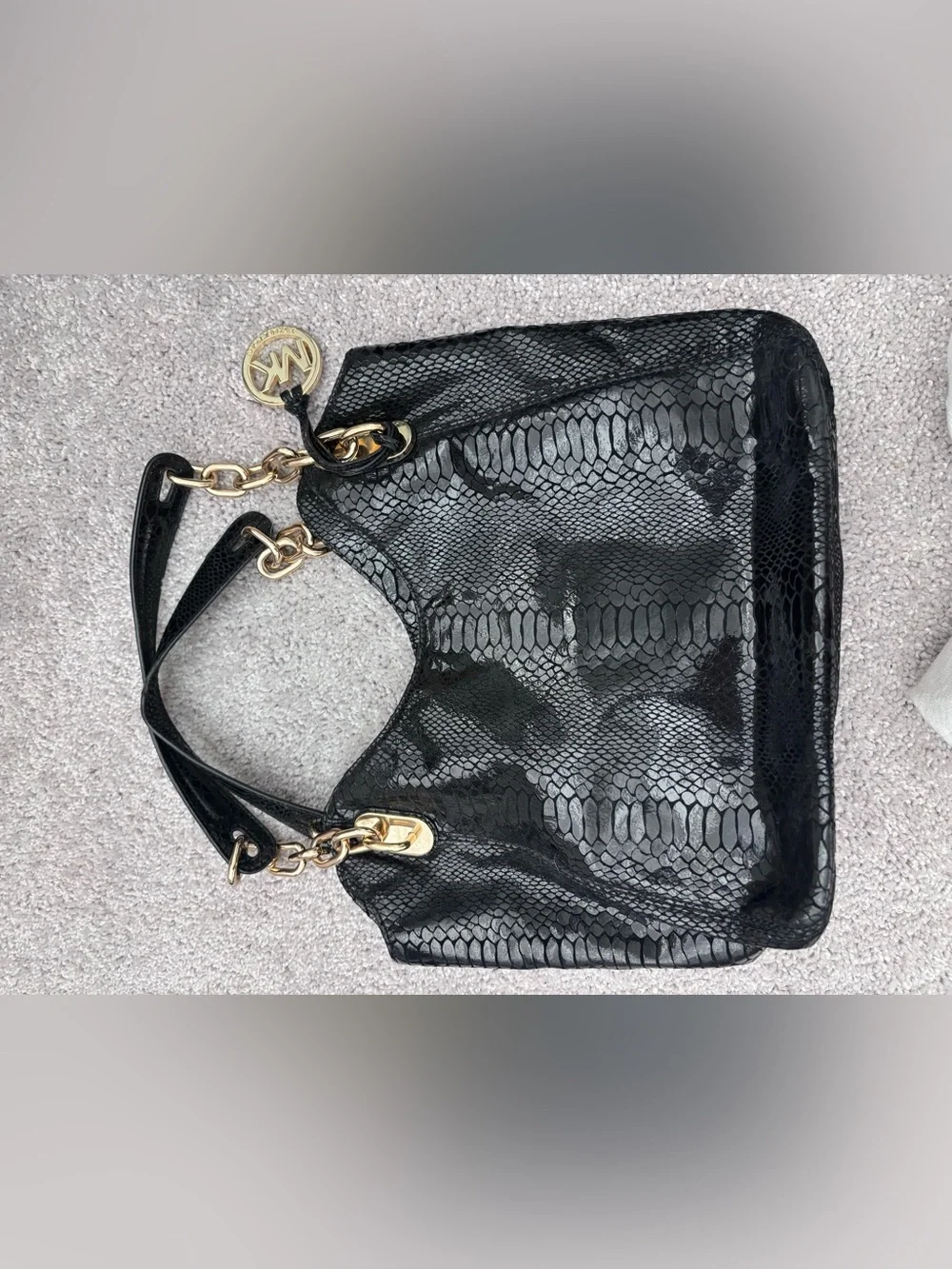 Michael Kors Black Snake-Embossed Shoulder Bag with Gold Hardware